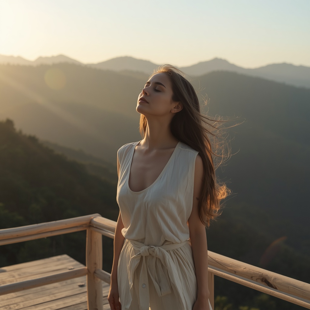 lucid origin young woman standing on a wooden terrace overlooking mountains at sunrise taking 0